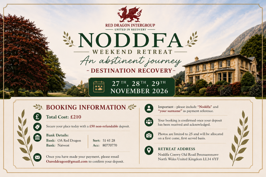 Noddfa Weekend Retreat flyer - Red Dragon Intergroup, 27-29 November 2026 Overeaters anonymous Wales 